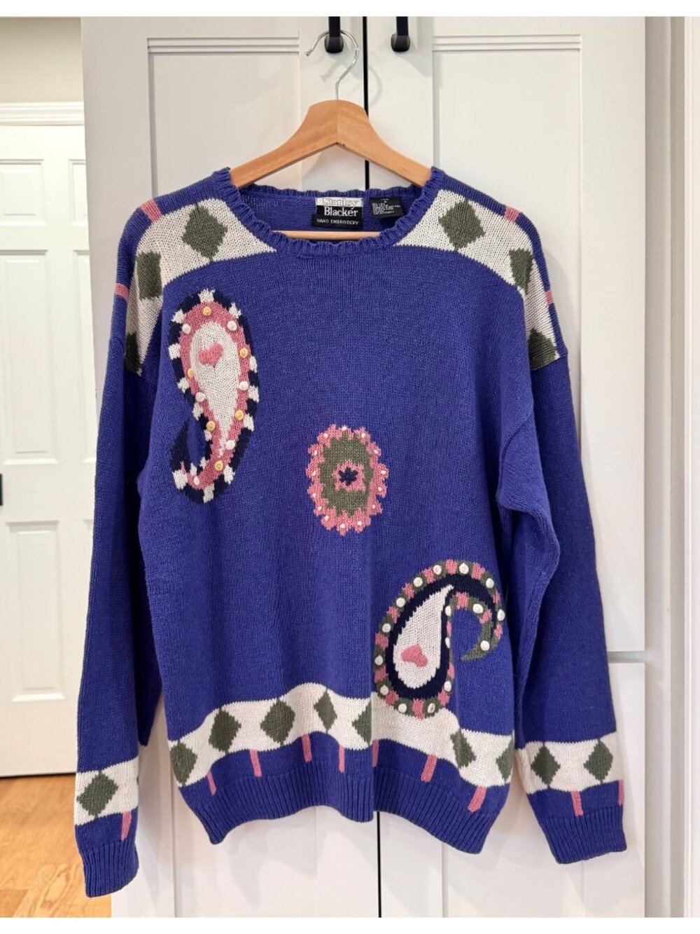 Vintage 90s Stanley Blacker Hand Embroidered Sweater Paisley Purple Womens Large